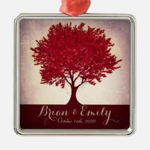 Red heart leaves tree custom wedding ornament