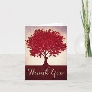 Red heart leaves tree Thank You cards