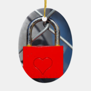 Red heart lock on fence ceramic ornament
