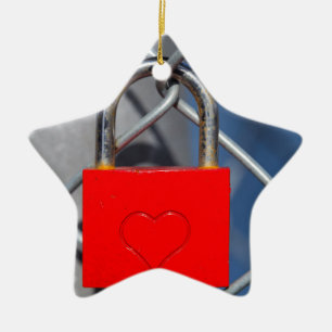 Red heart lock on fence ceramic ornament