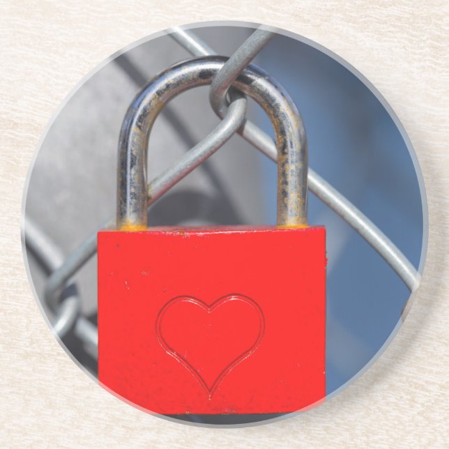 Red heart lock on fence coaster (Front)