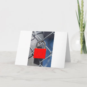 Red heart lock on fence holiday card