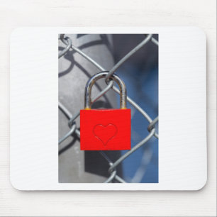 Red heart lock on fence mouse pad