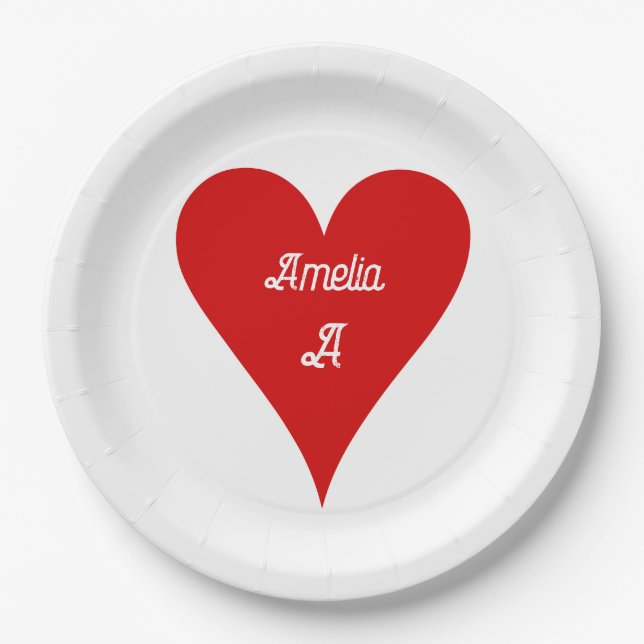 Red Heart Love Valentine's Day Name & Monogram Paper Plate (Front)