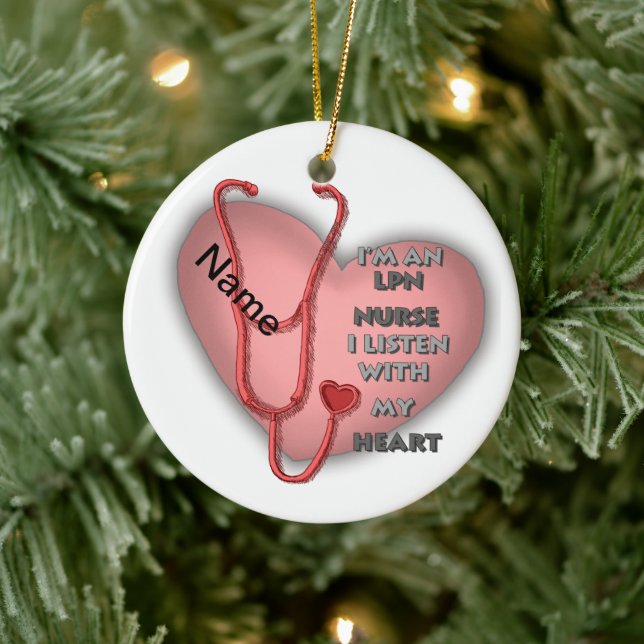 Red Heart LPN Nurse Ceramic Ornament (Tree)