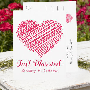 Red Heart Modern Minimalist Just Married Wedding Announcement Postcard