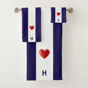 Red heart & monogram on navy blue & white striped bath towel set