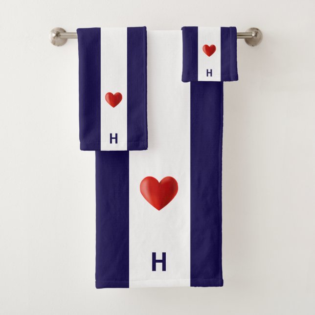 Red heart & monogram on navy blue & white striped bath towel set (Insitu)
