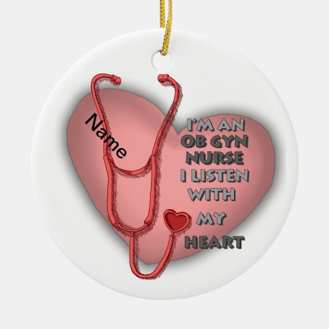 Red Heart ObGyn Nurse Ceramic Ornament (Front)