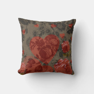 Red heart on beautiful vintage floral  throw pillow