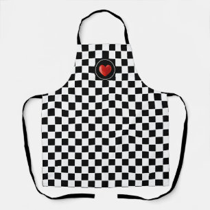 Red Heart on Black White Chequerboard Pattern Apron