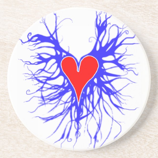 Red heart on blue background coaster (Front)