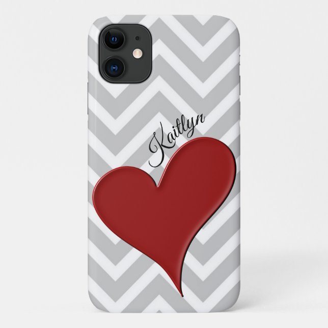 Red Heart on Grey Chevron Stripe Phone Case (Back)