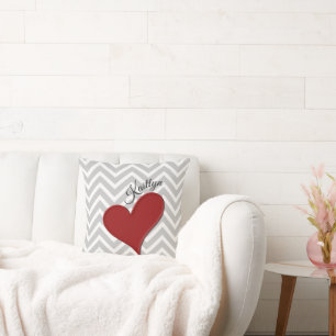 Red Heart on Grey Chevron Stripe Throw Pillow