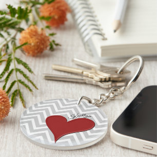 Red Heart on Grey Chevron Stripe with Name Keychain