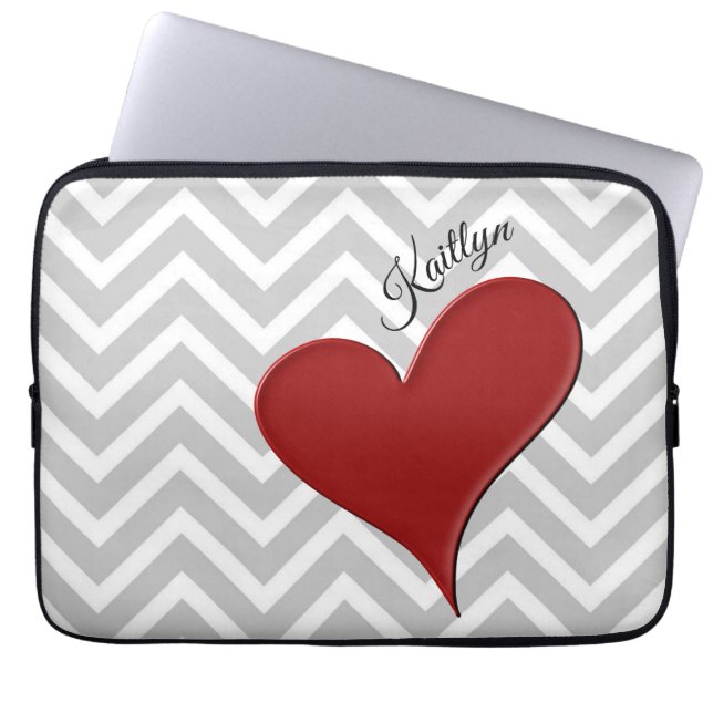 Red Heart on Grey Chevron Stripe with Name Laptop Sleeve (Front)