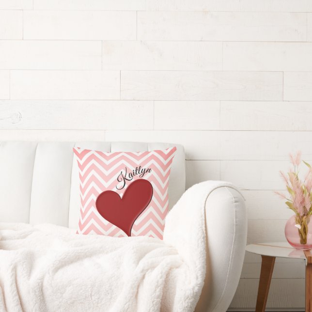 Red Heart on Pink Chevron Stripe Throw Pillow (Couch)