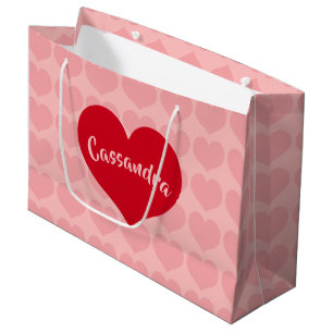 Red heart on pink name large gift bag