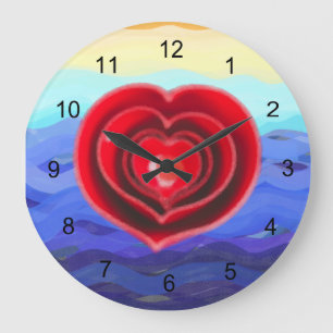 Red Heart on Waves Valentine Grande horloge