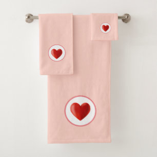 Red Heart on White & Coral Pink Background Bath Towel Set