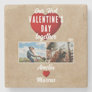 Red Heart Our First Valentine's Together 2 Photo Stone Coaster
