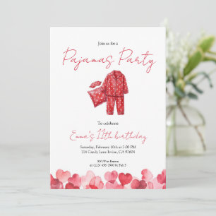 Red Heart Pajamas Sleepover Birthday Invitation