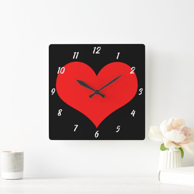 Red Heart Pattern Black Cute Valentine's Day Gift Square Wall Clock (Home)
