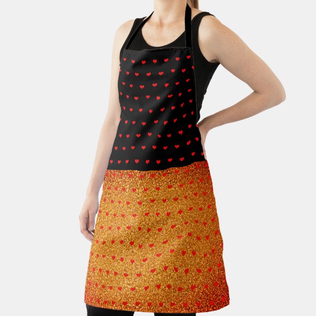 Red Heart Pattern Black Glittery Gold Stylish Gift Apron (Insitu)