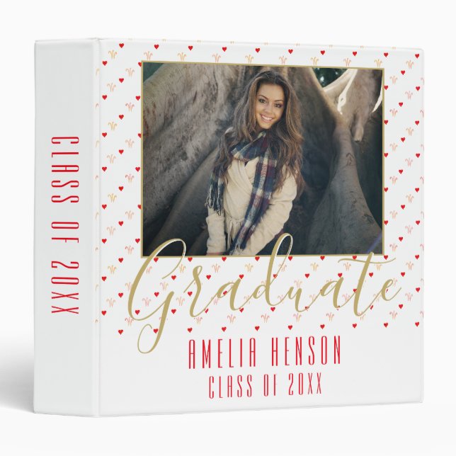 Red Heart Pattern Graduate Graduation Photo Album Binder (Front/Spine)