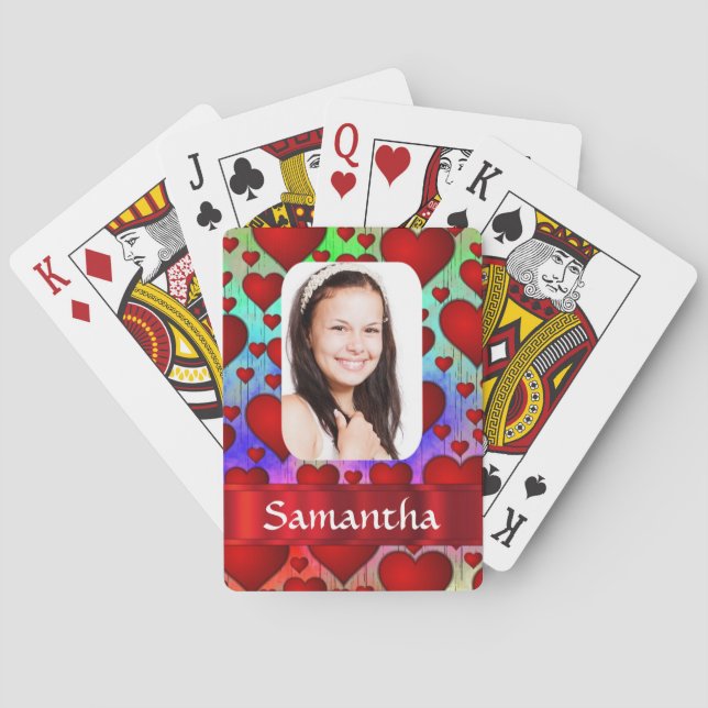 Red heart pattern personalized photo template playing cards (Back)