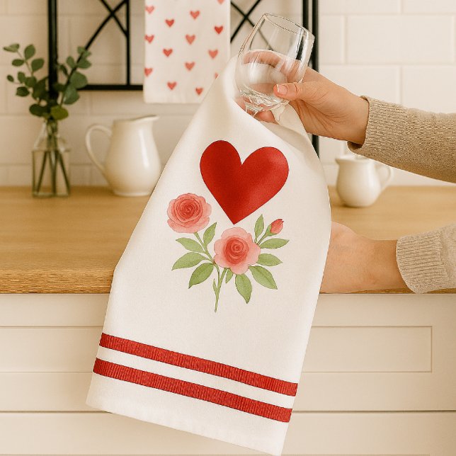 Red Heart Pink Roses Valentine's Day Kitchen Towel (Add romantic charm to your kitchen with Valentine’s Day towels featuring hearts, roses, and stripes.)