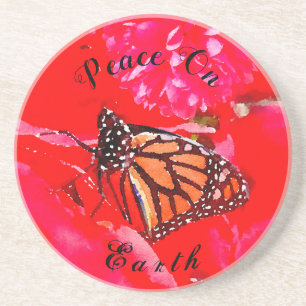 Red Heart Poinsettia Watercolor Monarch Butterfly Coaster