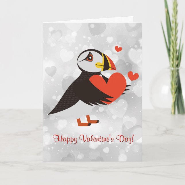 Red Heart Puffin Love Design Valentine's Card (Front)