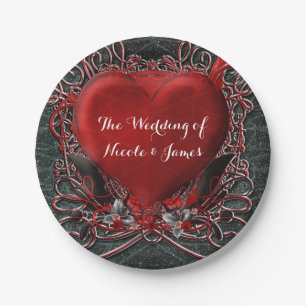 Red Heart & Roses Gothic Valentine Wedding Party Paper Plate