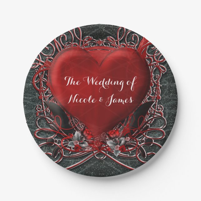 Red Heart & Roses Gothic Valentine Wedding Party Paper Plate (Front)