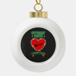 Red Heart Santa Sleigh Reindeer Christmas Holiday Ceramic Ball Christmas Ornament