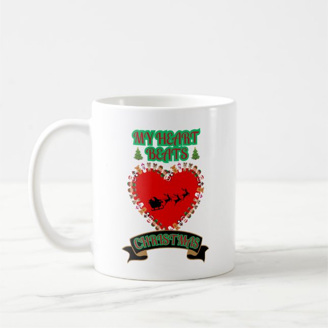 Red Heart Santa Sleigh Reindeer Christmas Holiday  Coffee Mug (Left)
