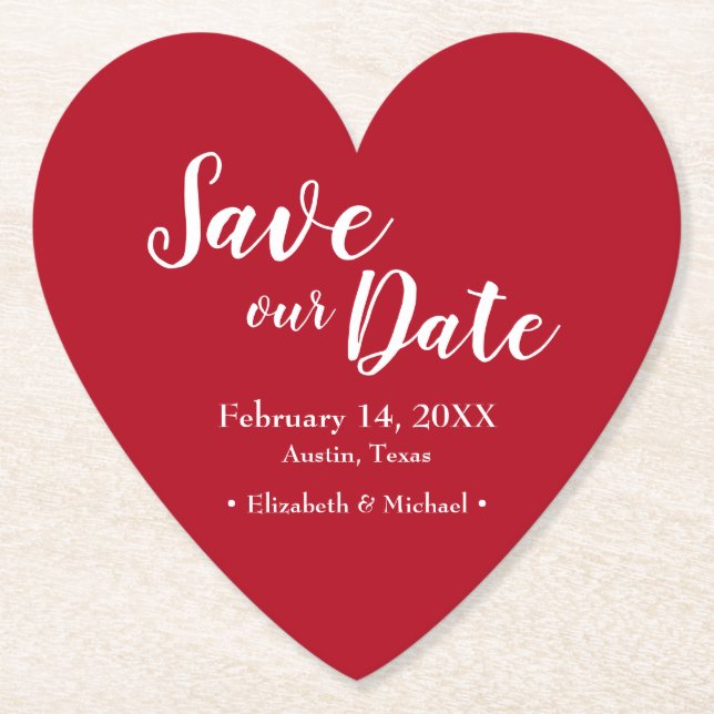 Red Heart Save our date Valentine's day wedding Paper Coaster (Front)