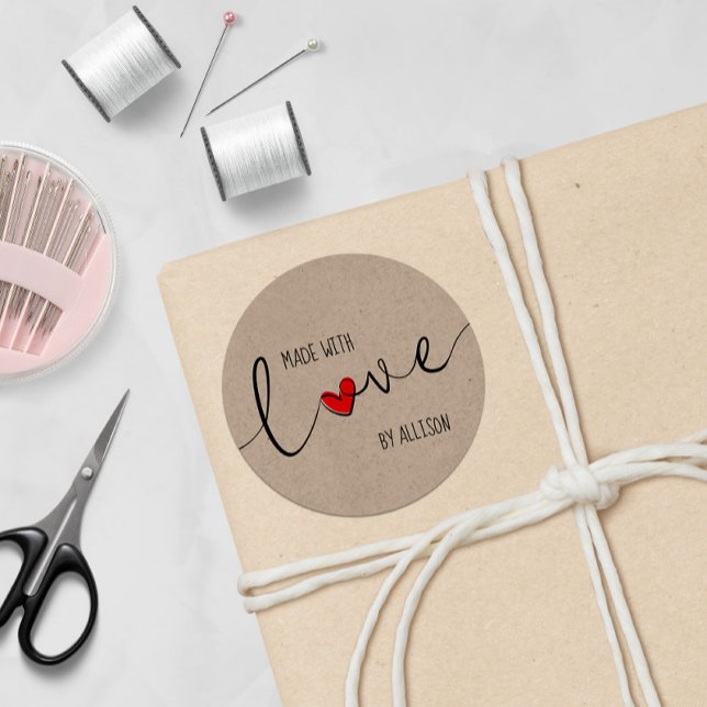 Red Heart Script Hand Lettered Made With Love Classic Round Sticker (Creator Uploaded)