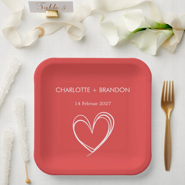 Red Heart Shape Personalize Couple Name and Date   Paper Plate (Wedding)