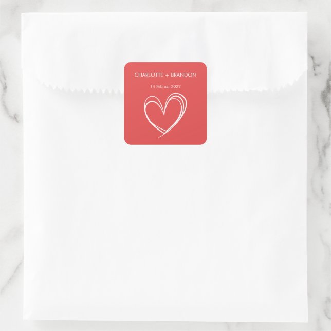Red Heart Shape Personalize Couple Name and Date   Square Sticker (Bag)