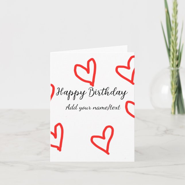 Red heart shapehappy birthday add name text simple card (Front)