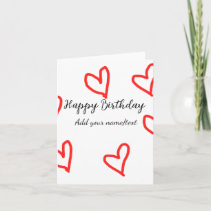 Red heart shapehappy birthday add name text simple card
