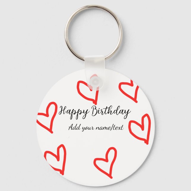 Red heart shapehappy birthday add name text simple keychain (Front)
