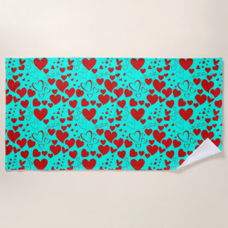 Red Heart Shapes Pattern in Vivid Turquoise Beach Towel
