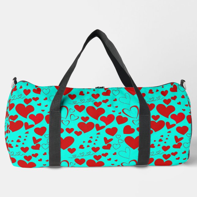 Red Heart Shapes Pattern in Vivid Turquoise Duffle Bag (Front)