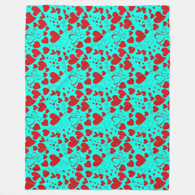 Red Heart Shapes Pattern in Vivid Turquoise Fleece Blanket (Front)