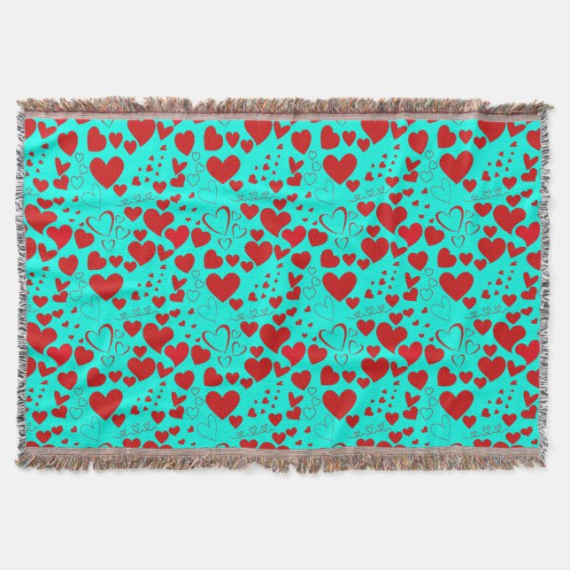 Red Heart Shapes Pattern in Vivid Turquoise Throw Blanket (Front)