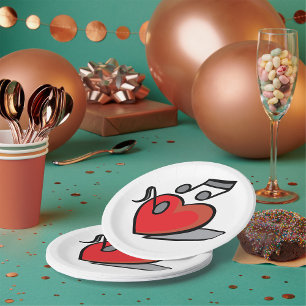 Red Heart Singing Music Notes Paper Plate