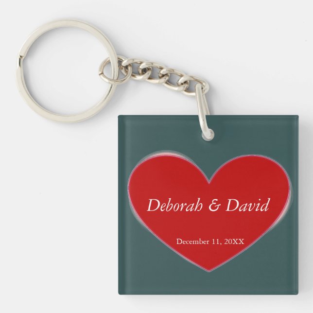 Red Heart Slate Grey Script Wedding Keychain (Front)